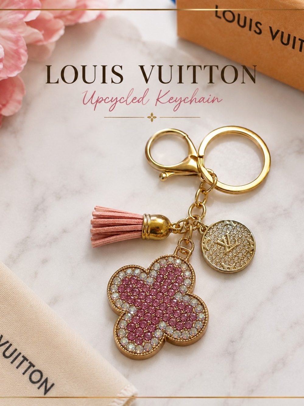 ✨ Louis Vuitton Inspired Upcycled Charm Keychain | Pink Rhinestone Clover |